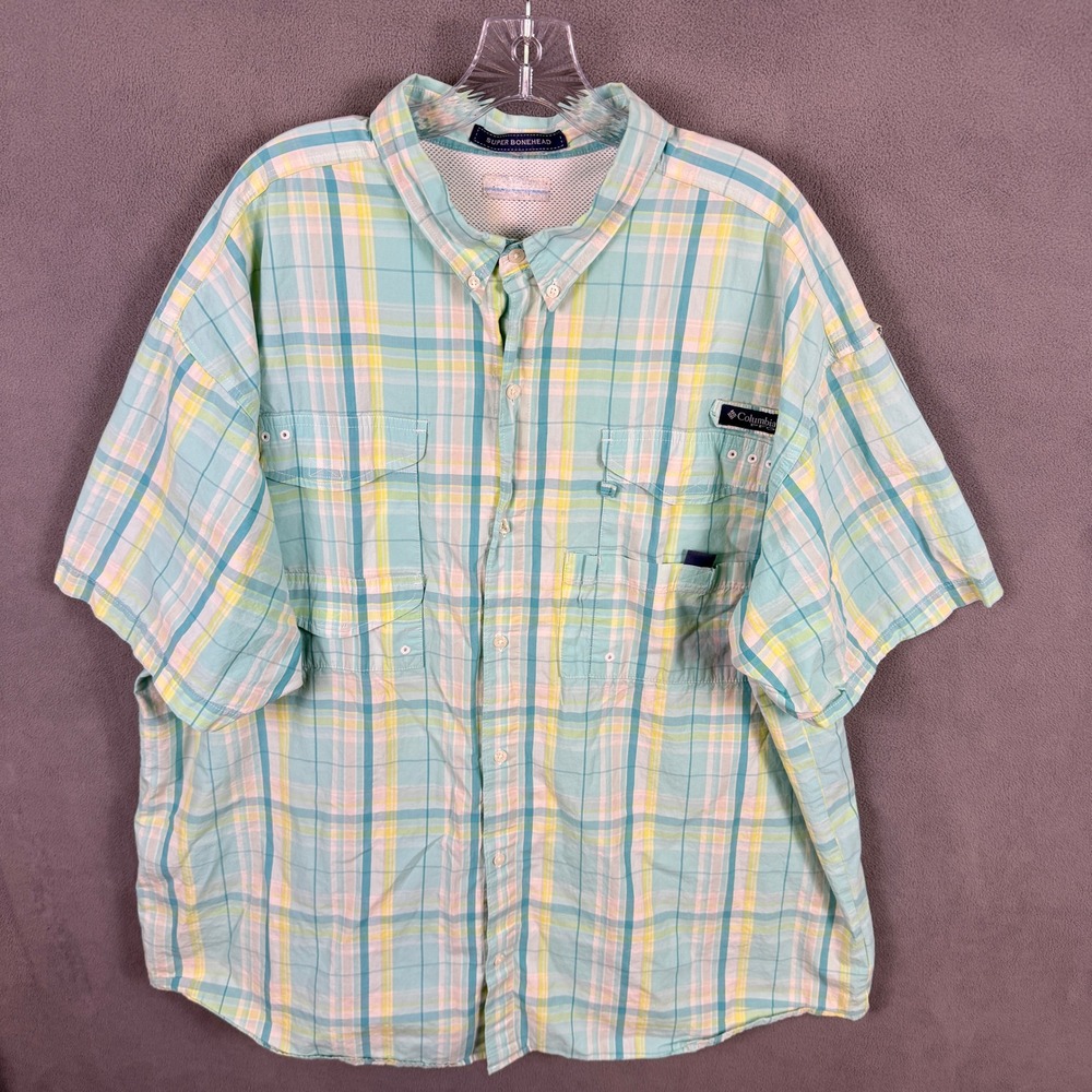 Columbia PFG Super Bonehead Shirt Mens XL Plaid Fishing Short Sleeve Button Up‎